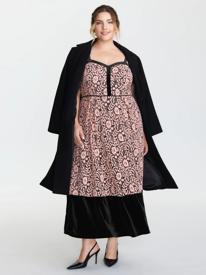 Floral Lace Trim Color Contrast Maxi Dress