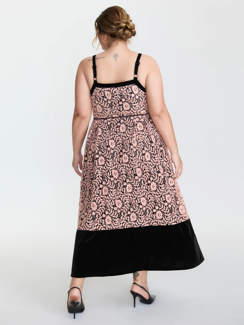 Floral Lace Trim Color Contrast Maxi Dress