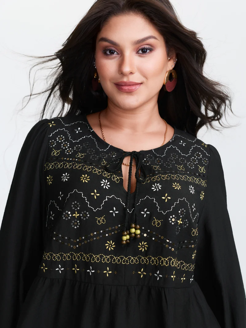 Sequin Embroidery Tassel Tie Blouse