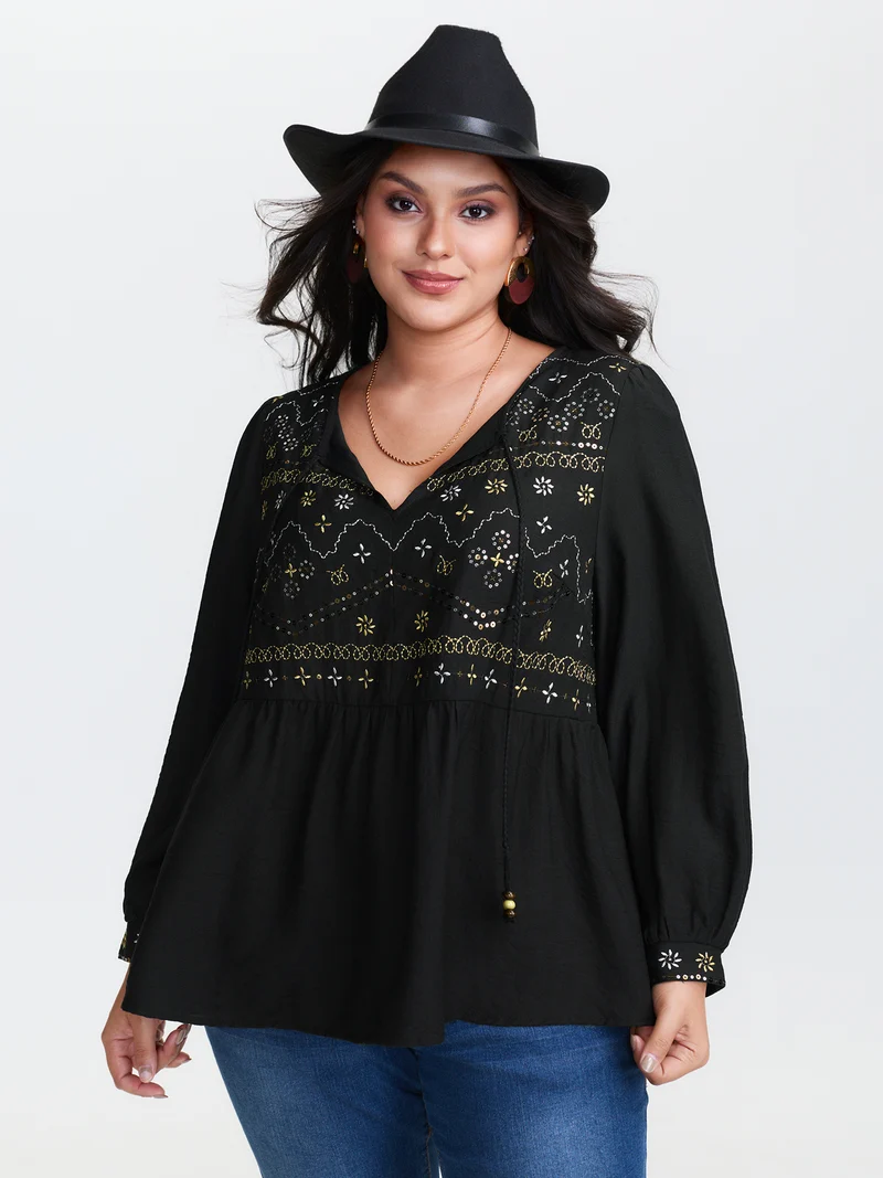 Sequin Embroidery Tassel Tie Blouse