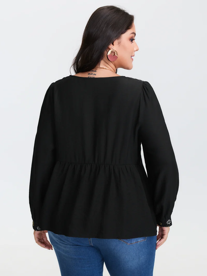 Sequin Embroidery Tassel Tie Blouse