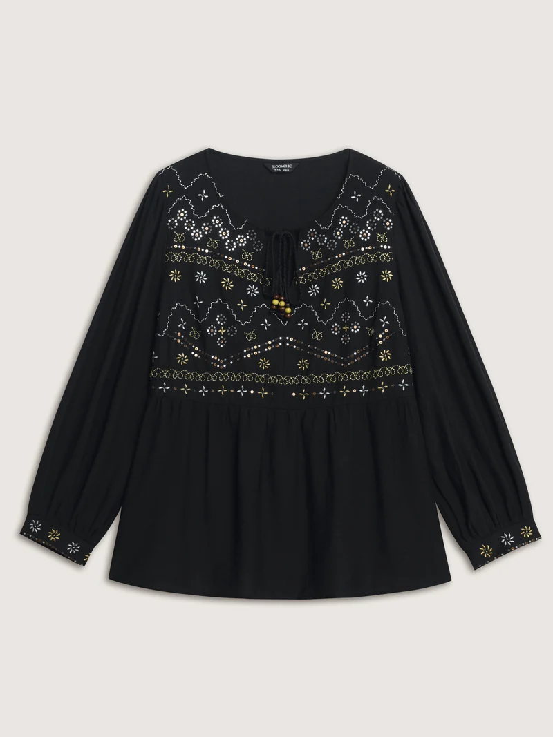 Sequin Embroidery Tassel Tie Blouse
