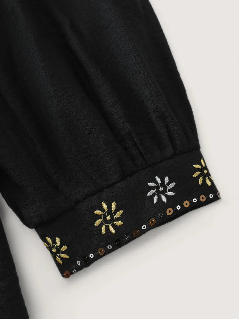 Sequin Embroidery Tassel Tie Blouse