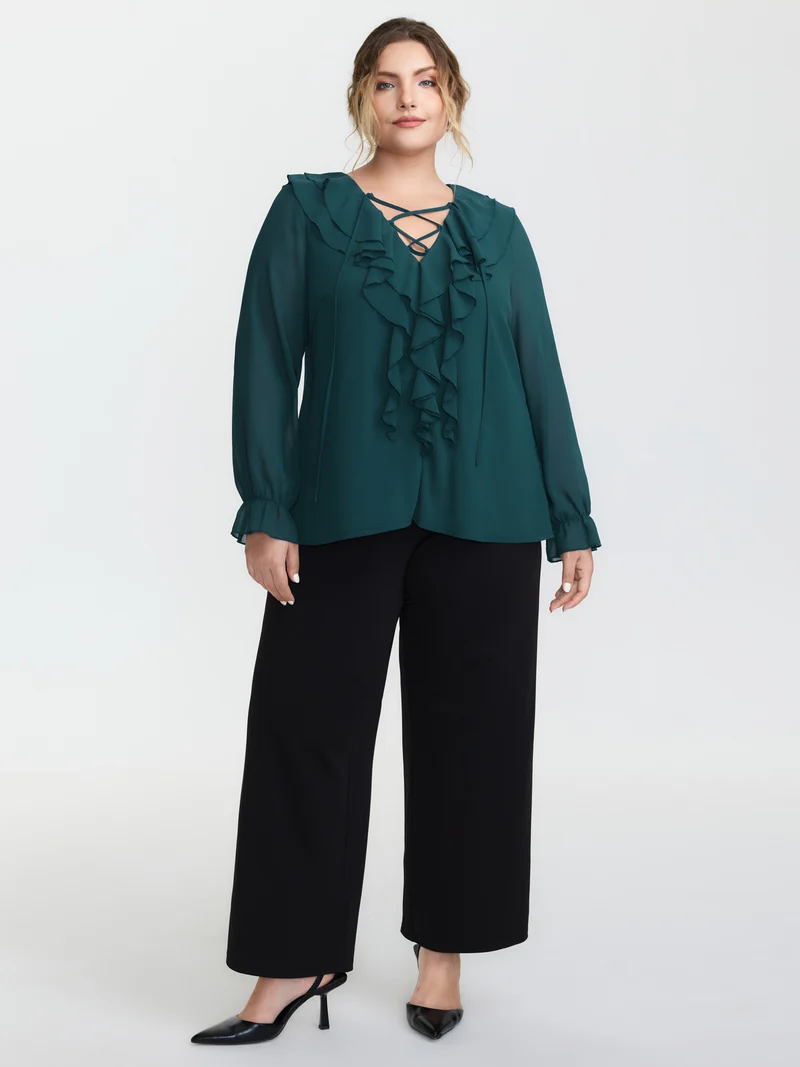 Ruffle Trim Cross-Tie Blouse