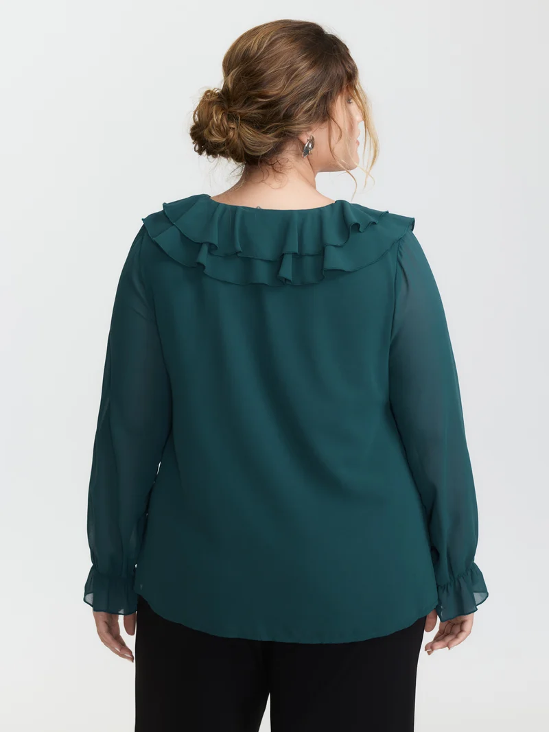 Ruffle Trim Cross-Tie Blouse