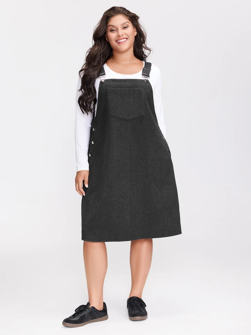 Woolen Pockets Adjustable Buttons Midi Dress