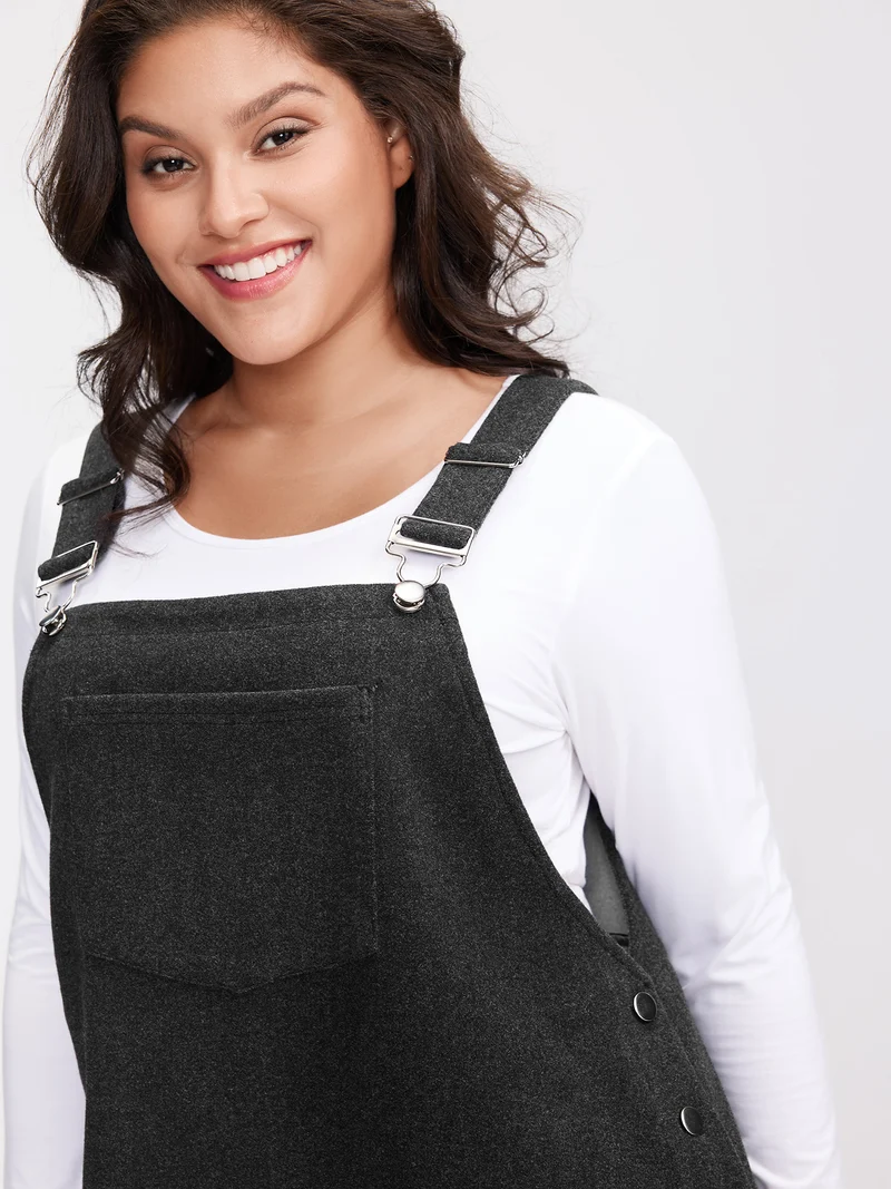 Woolen Pockets Adjustable Buttons Midi Dress