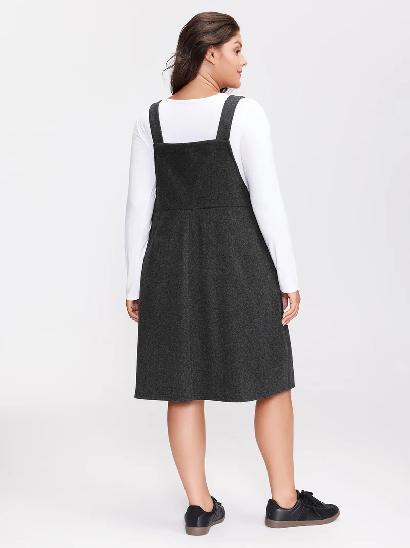 Woolen Pockets Adjustable Buttons Midi Dress