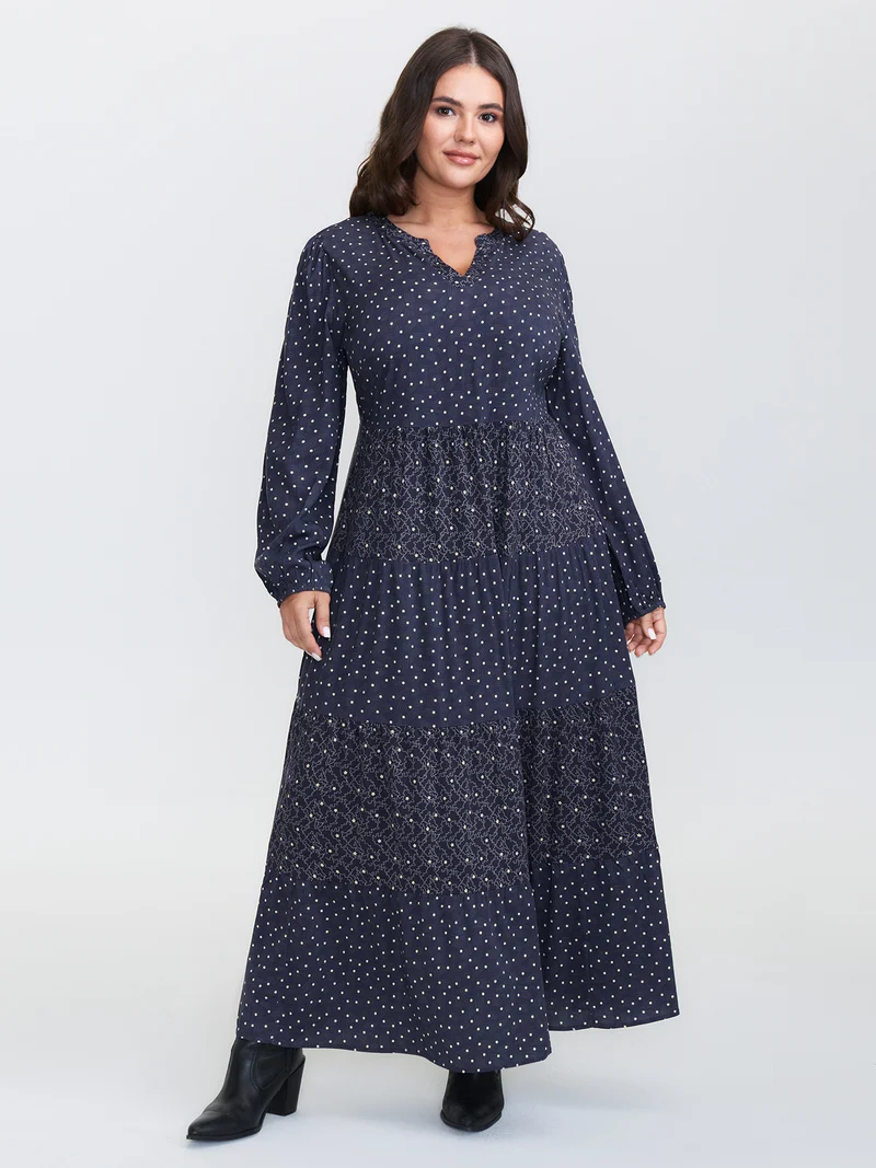 Polka Dots Print Tiered Flowy Maxi Dress