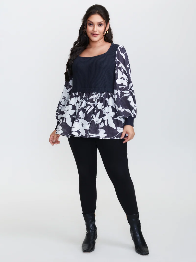 Chiffon Floral Layered Square Neck Pullover