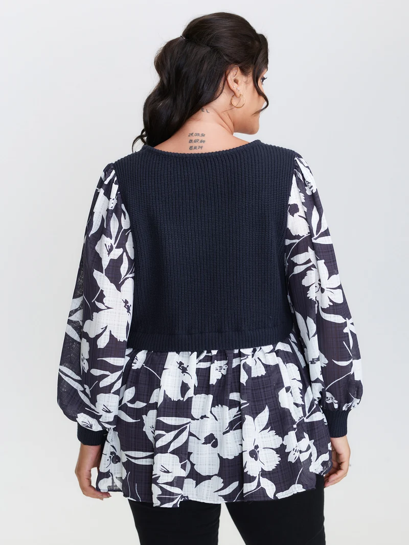 Chiffon Floral Layered Square Neck Pullover