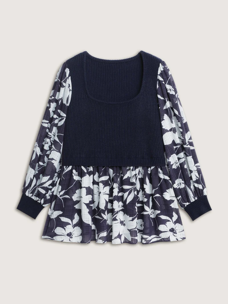 Chiffon Floral Layered Square Neck Pullover