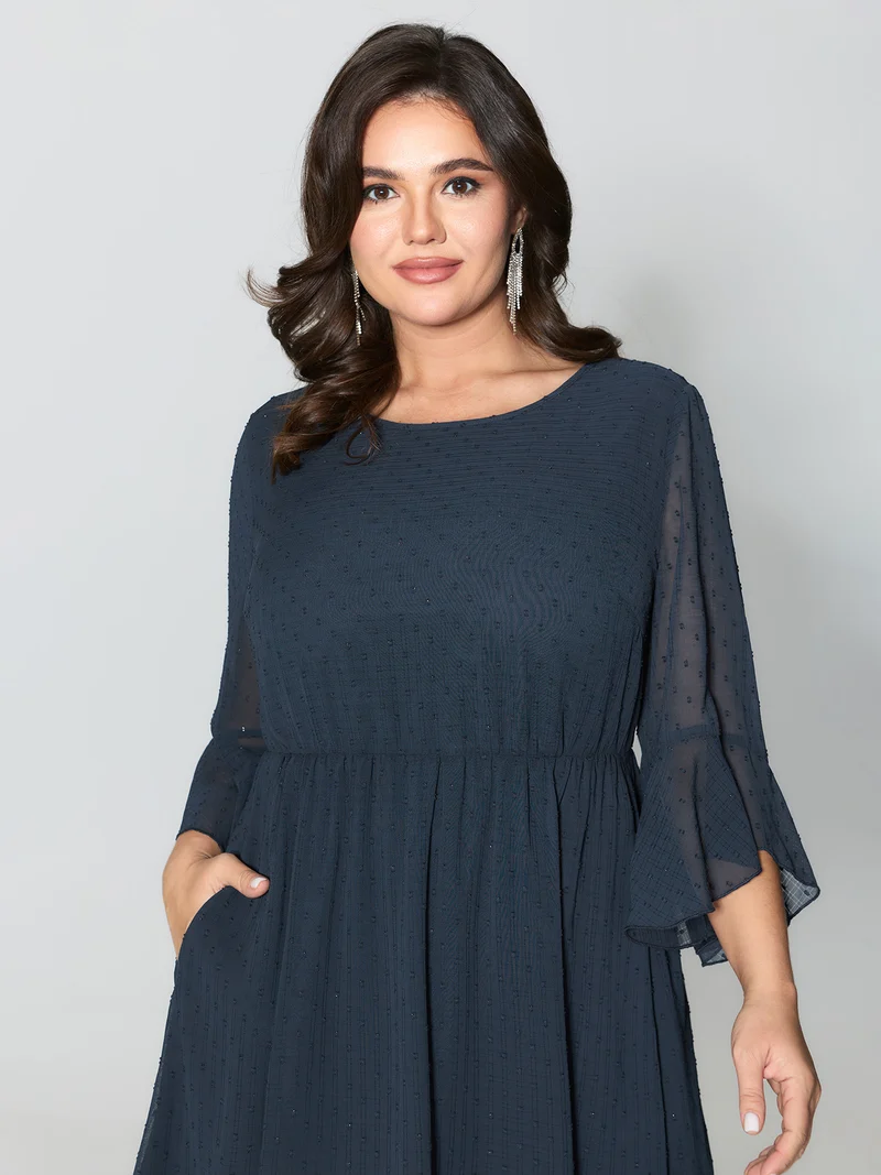Textured Ruffled Sleeve Sheer Maxi Dress