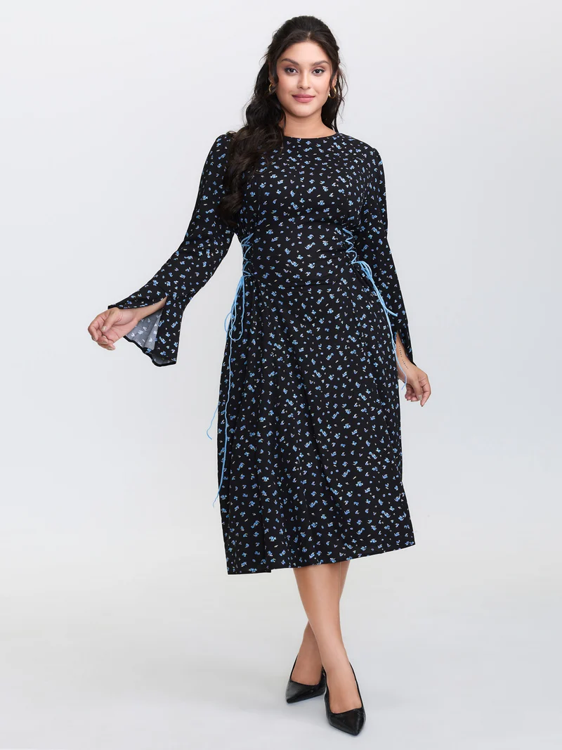 Floral Stretchy Rayon Slit Sleeve Midi Dress