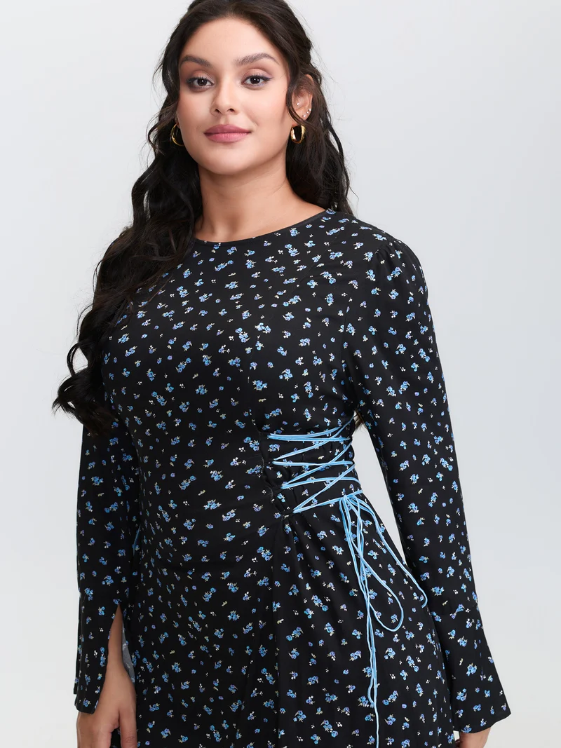 Floral Stretchy Rayon Slit Sleeve Midi Dress