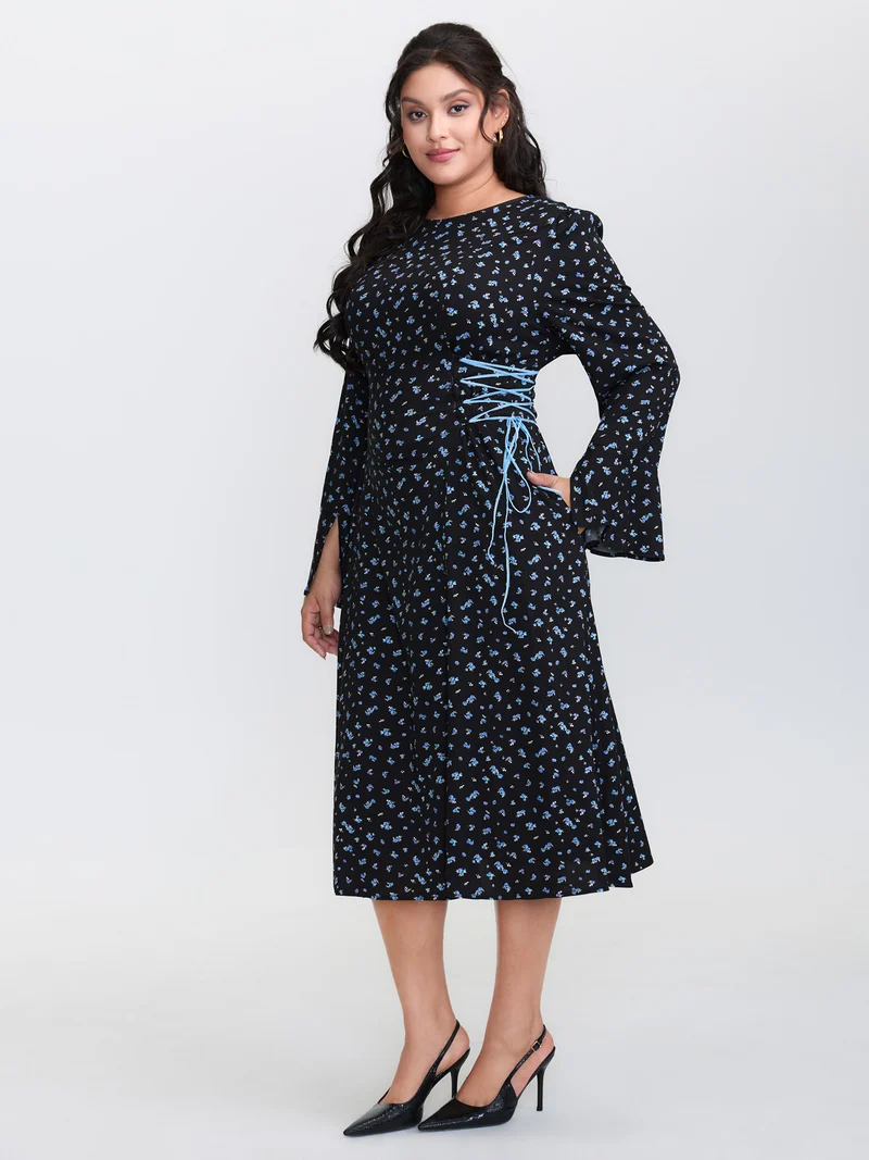 Floral Stretchy Rayon Slit Sleeve Midi Dress