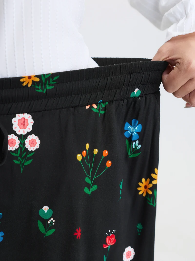 Colorful Floral Print Drawstring Midi Skirt