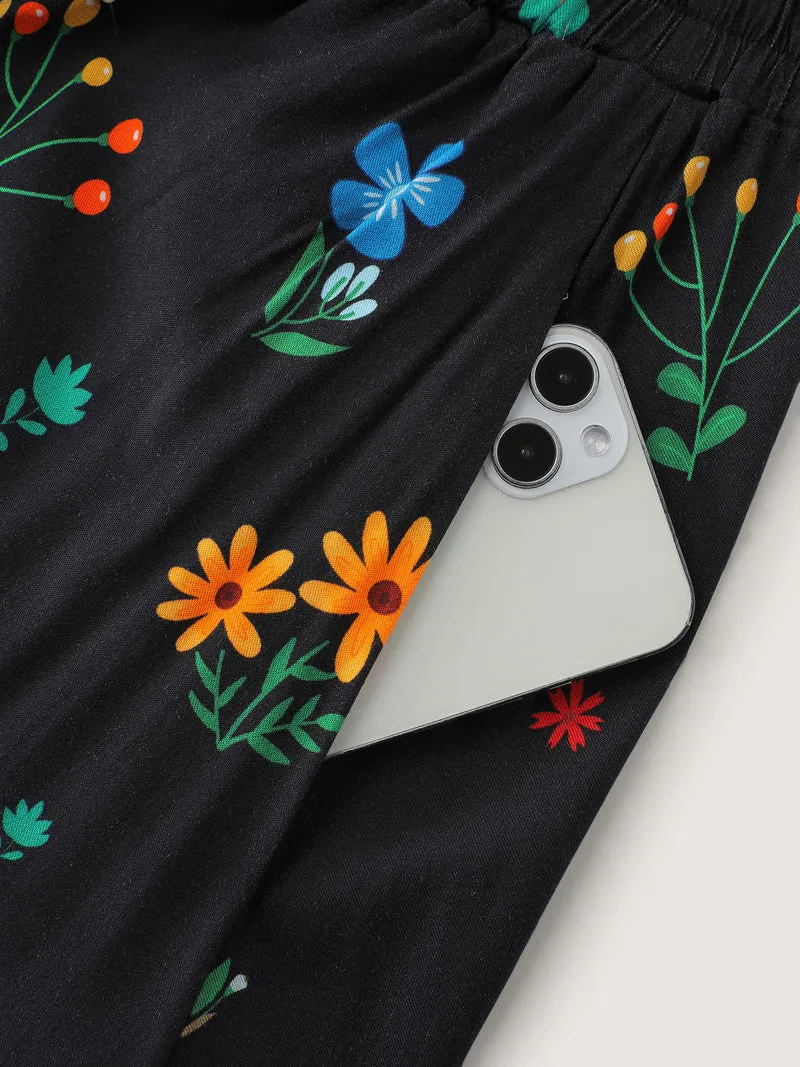 Colorful Floral Print Drawstring Midi Skirt