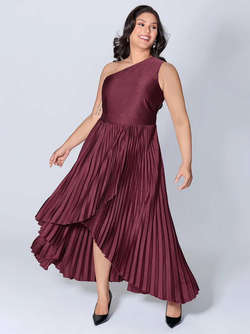 One-Shoulder Pleated Asymmetrical Hem Midi Dress