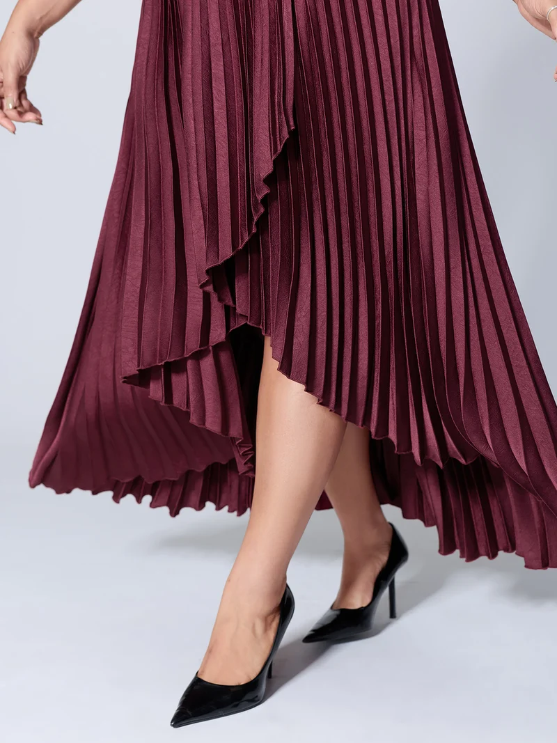One-Shoulder Pleated Asymmetrical Hem Midi Dress