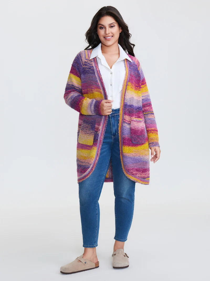 Color Gradient Textured Open-Front Knit Cardigan