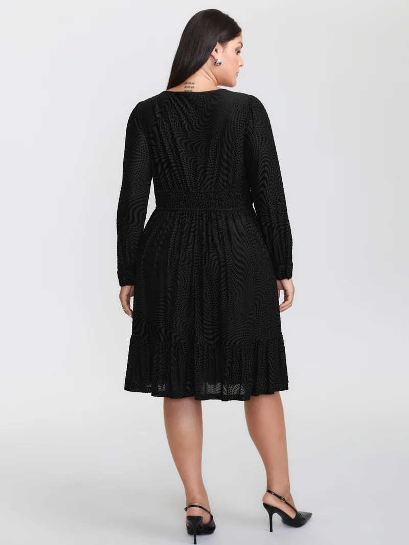 Velvet Laser Cut Ruffled Hem Midi Dress