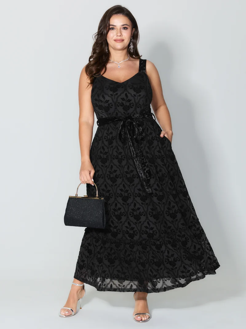 Flocked Spliced Velvety Tie Midi Dress
