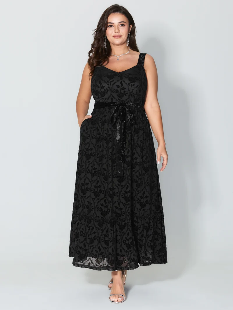 Flocked Spliced Velvety Tie Midi Dress