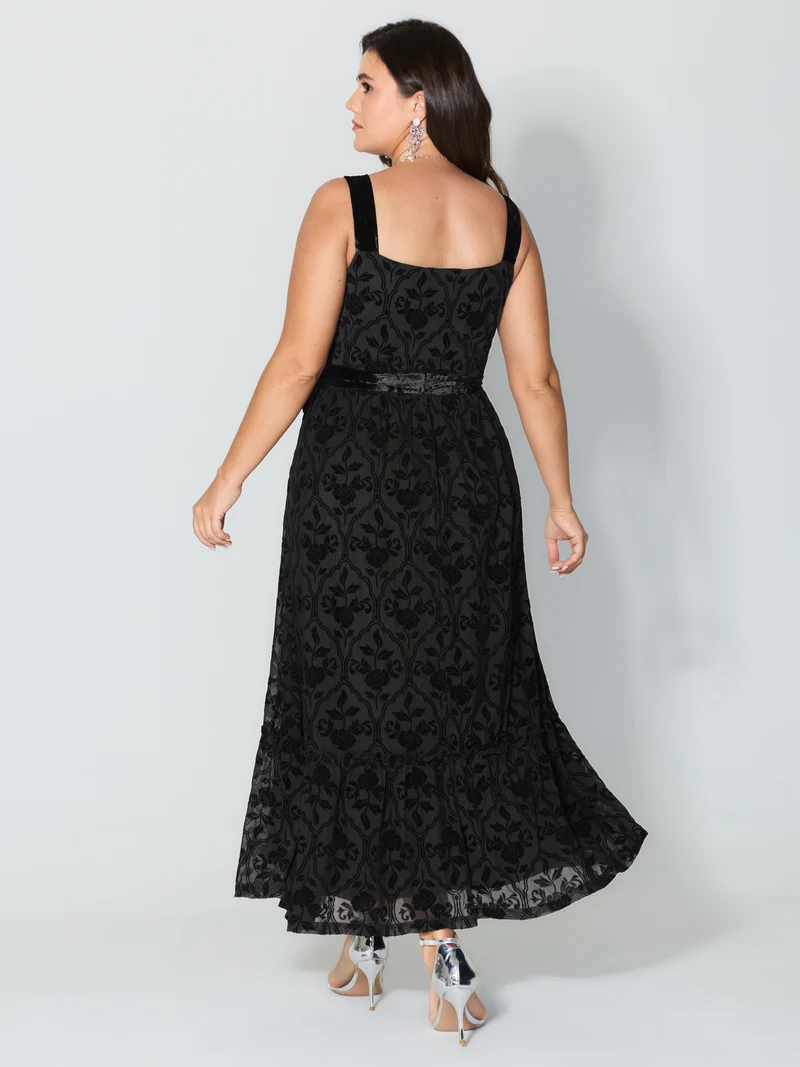 Flocked Spliced Velvety Tie Midi Dress
