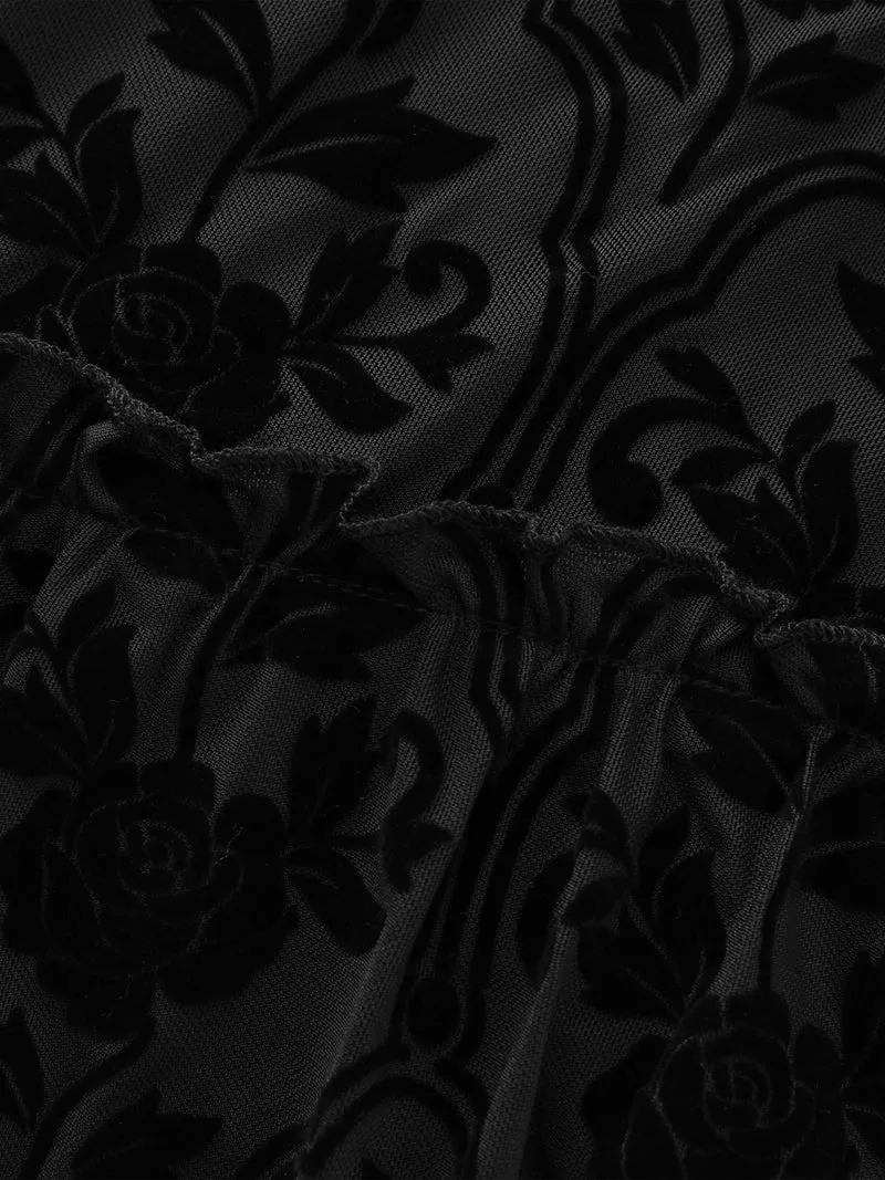 Flocked Spliced Velvety Tie Midi Dress