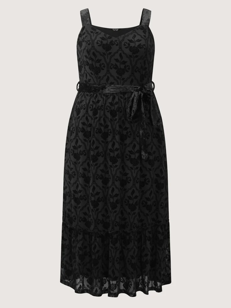 Flocked Spliced Velvety Tie Midi Dress