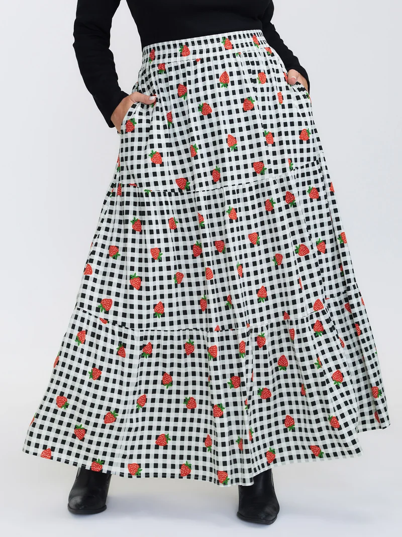 Checkered Fruity Print Tiered Maxi Skirt
