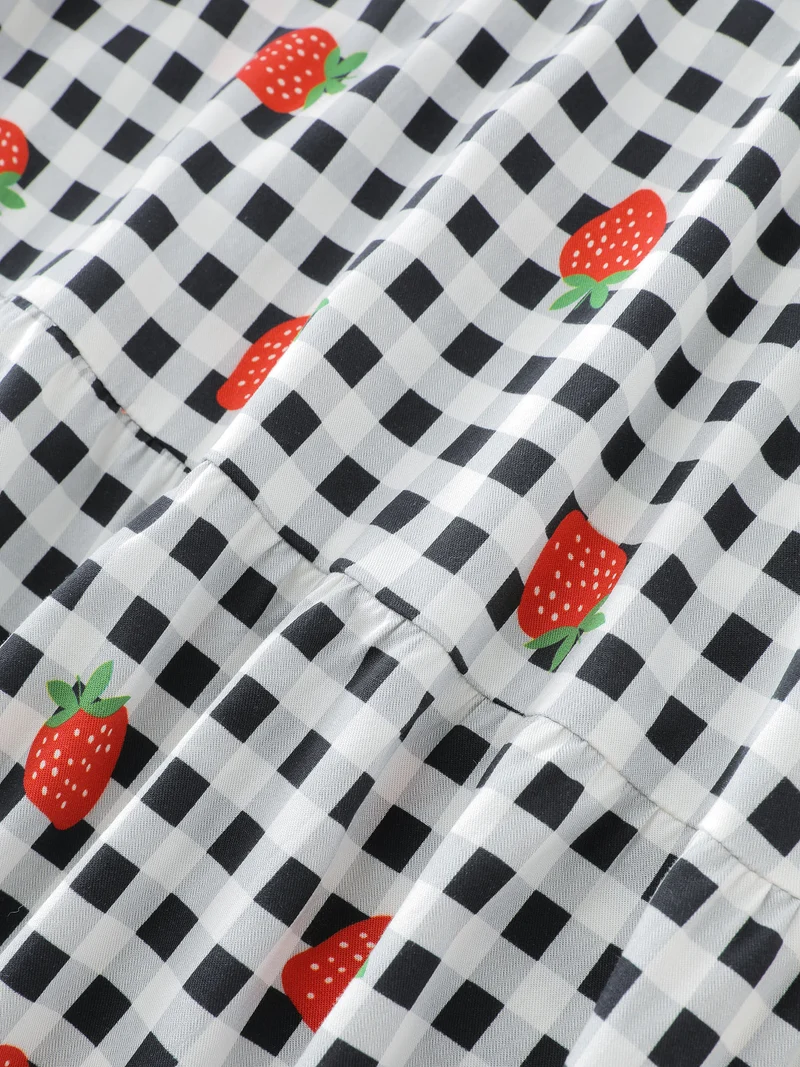 Checkered Fruity Print Tiered Maxi Skirt