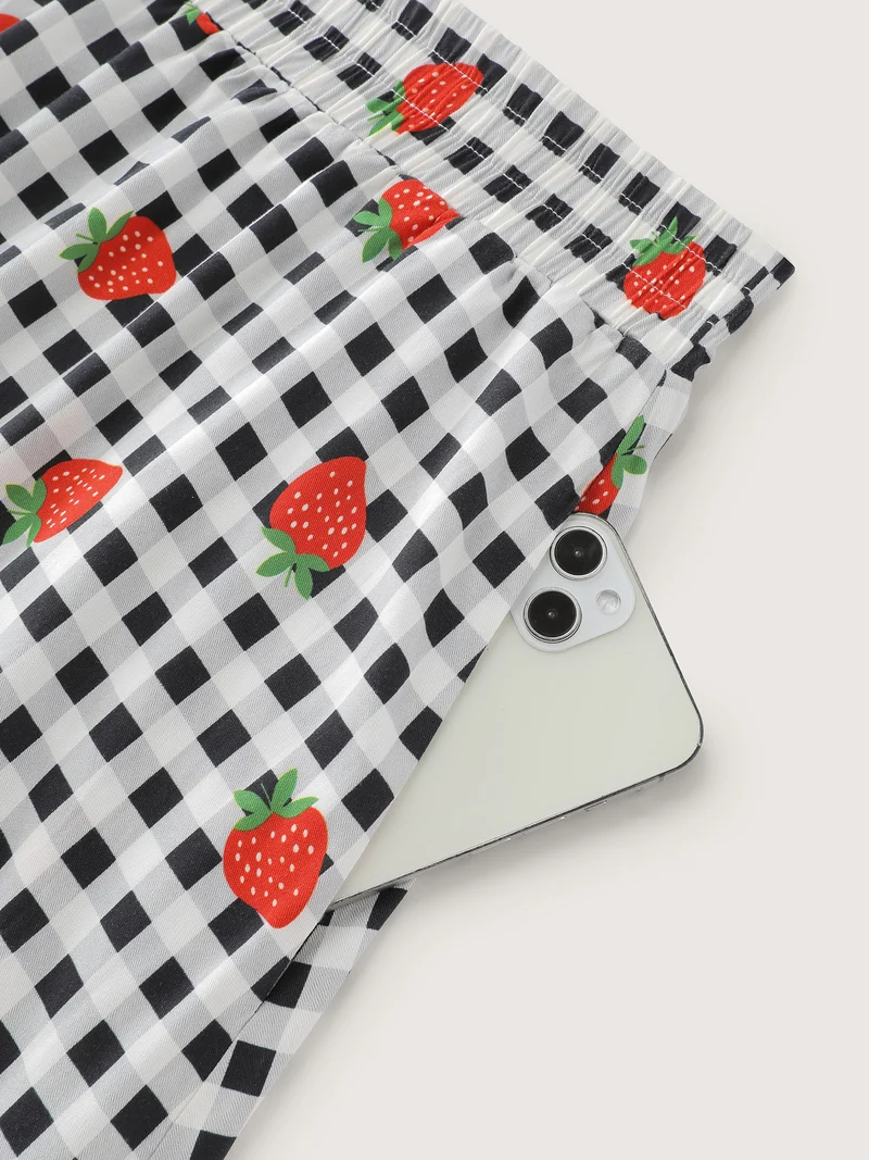 Checkered Fruity Print Tiered Maxi Skirt