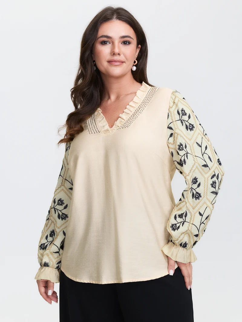 Floral Embroidered Sleeve Rayon Blouse