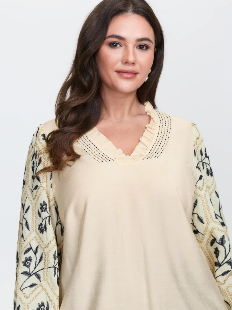 Floral Embroidered Sleeve Rayon Blouse