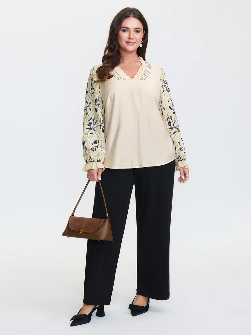 Floral Embroidered Sleeve Rayon Blouse