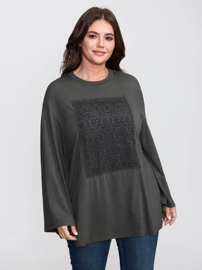 Floral Lace Pattern Round Neck T-Shirt