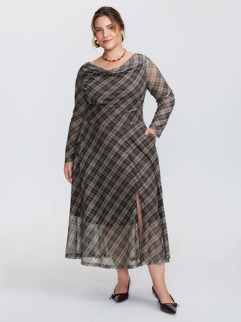 Stretchy Cowl Neckline Slit Pockets Maxi Dress