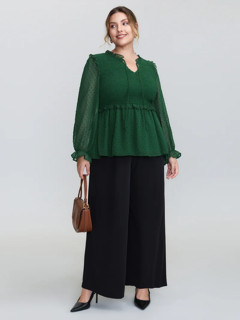 Shirred Textured Neck-Tie Blouse