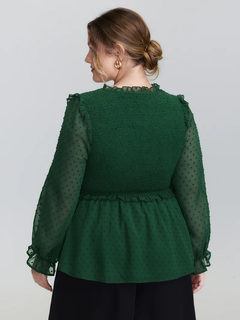 Shirred Textured Neck-Tie Blouse