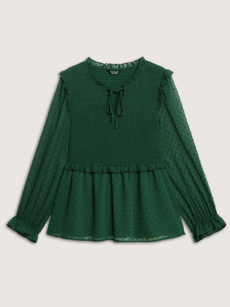 Shirred Textured Neck-Tie Blouse