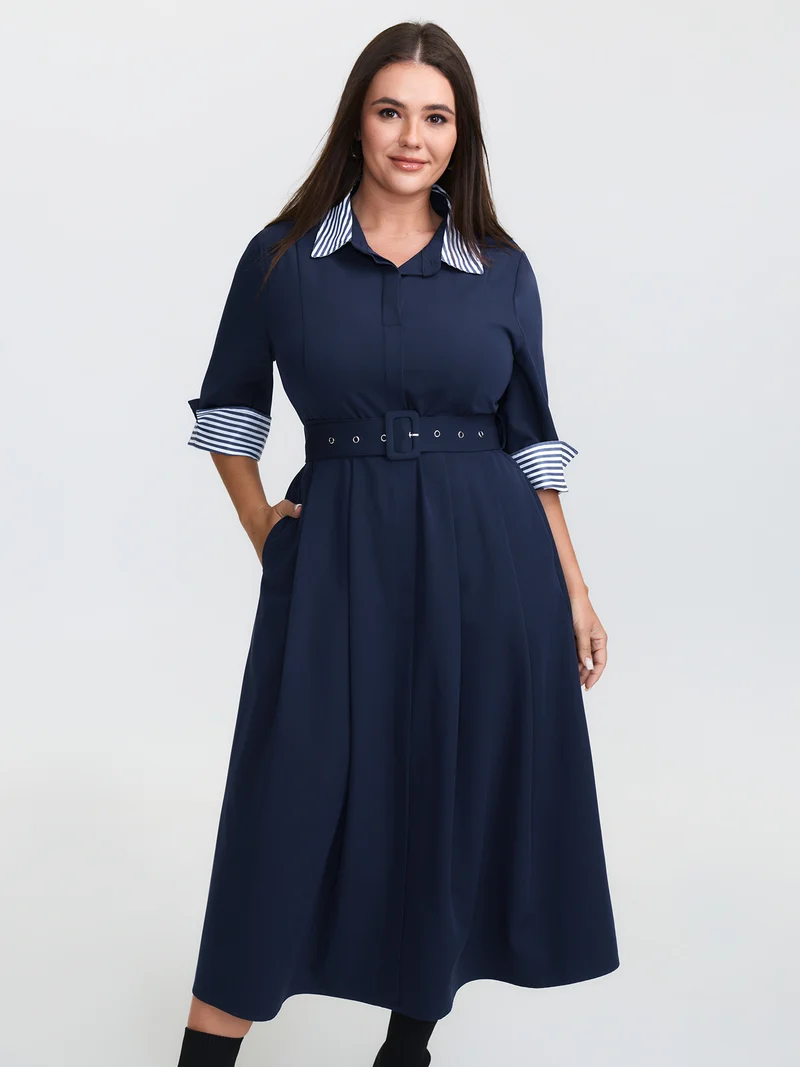 Color Contrast Cuffs Belted Midi Dress