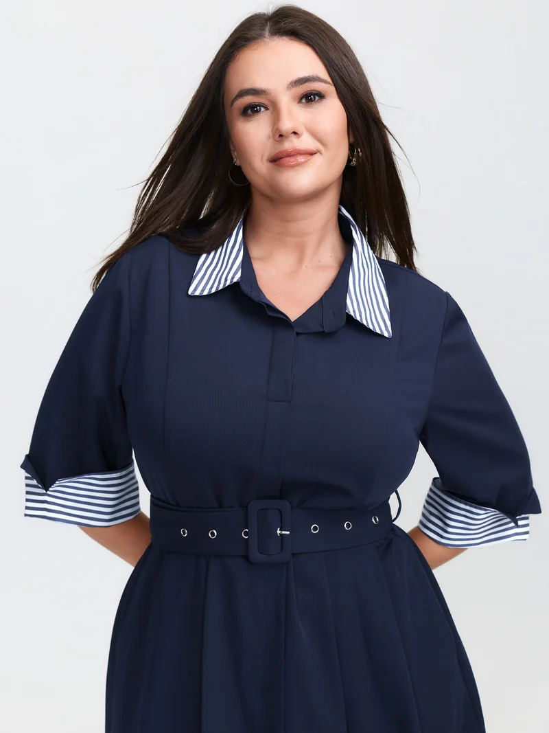 Color Contrast Cuffs Belted Midi Dress