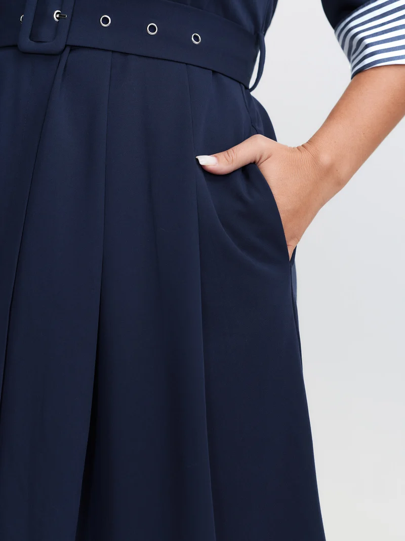 Color Contrast Cuffs Belted Midi Dress