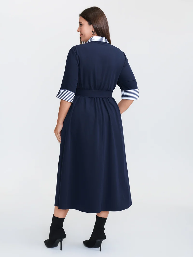 Color Contrast Cuffs Belted Midi Dress