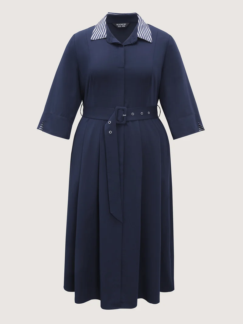 Color Contrast Cuffs Belted Midi Dress
