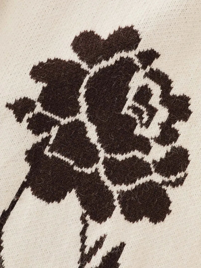 Floral Jacquard Hooded Contrast Knit Cardigan