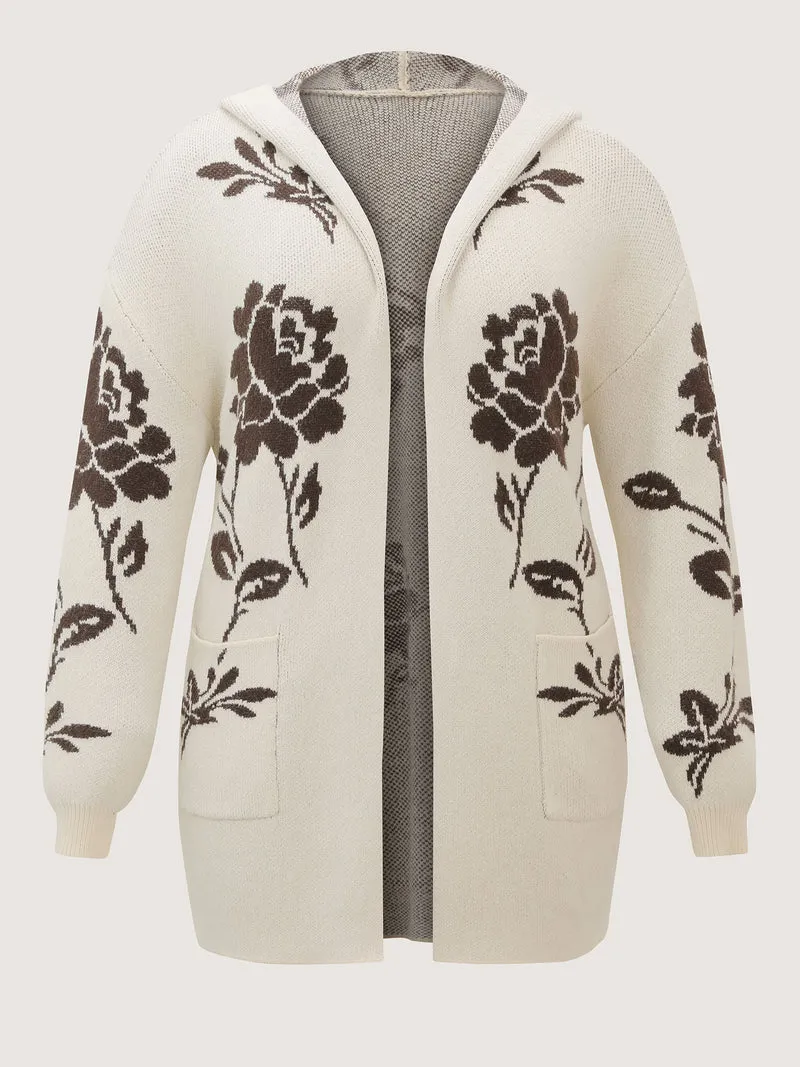 Floral Jacquard Hooded Contrast Knit Cardigan