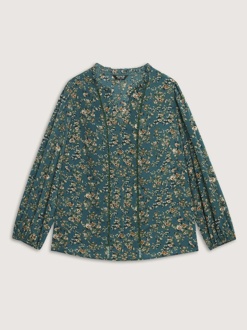 Floral Print Lace Trim Blouse